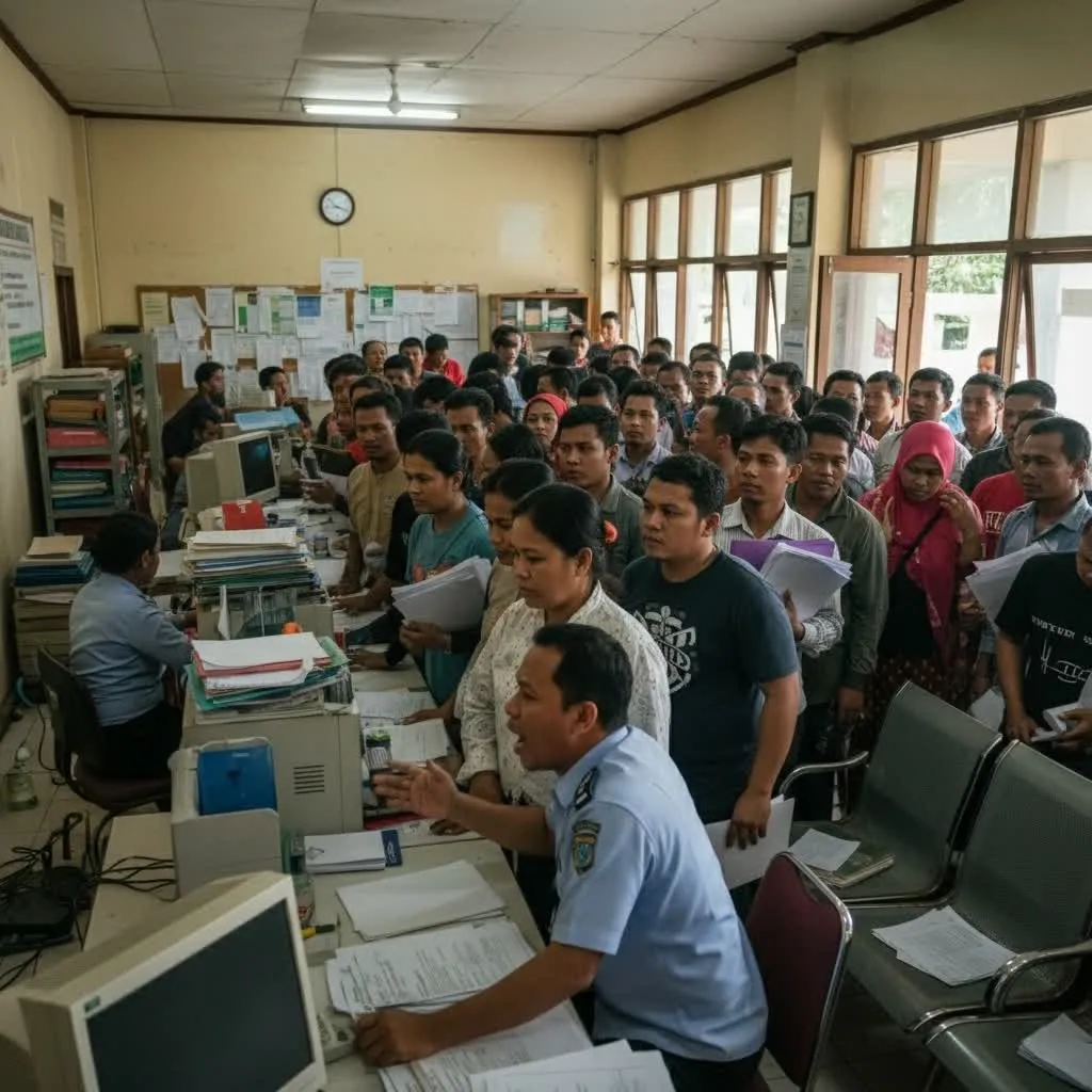 Petugas melayani warga dengan sistem antrian disdukcapil